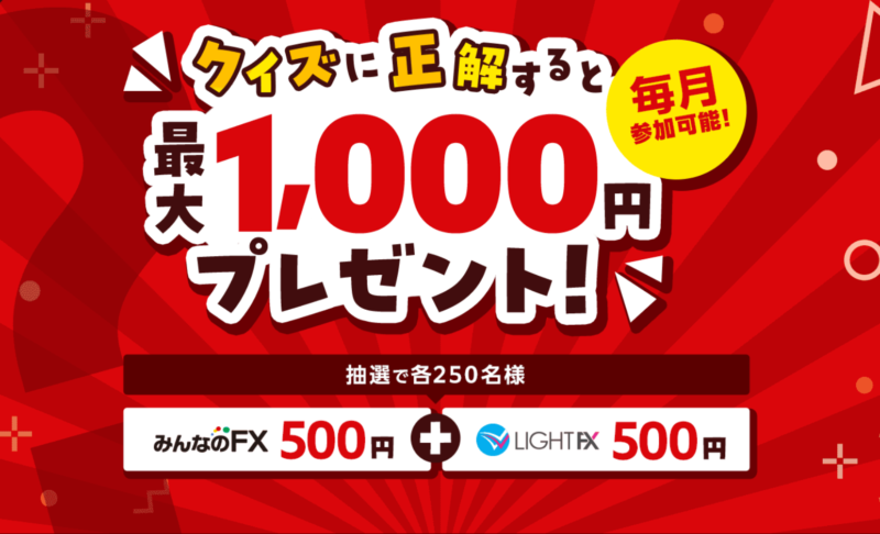 みんなのFXのクイズに挑戦して最大1,000円もらおう！