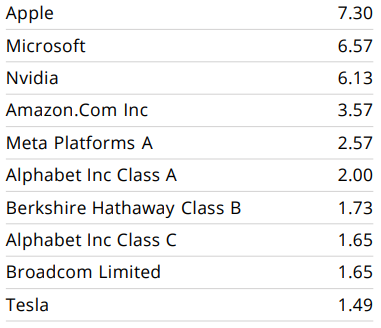 Direxion デイリーS&P500ブル3倍 ETF（SPXL）の上位10銘柄